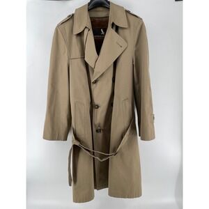 Vintage Gleneagles Trench Coat Men 44R Tan Faux Fur Lined Belted Double Breasted